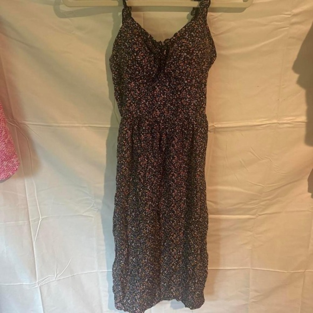 Womens Floral Ditsy Print Midi Dress Spaghetti Strap Sweetheart Neckline Black